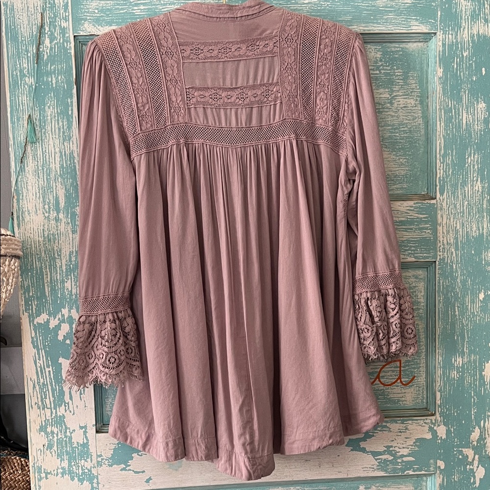 Free People Esme Lace Trim Blouse muted dusty mauve pink EUC medium - Picture 7 of 12
